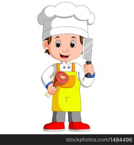 Chef Cook Holding Cleaver Knife And Meat Smiling Cartoon