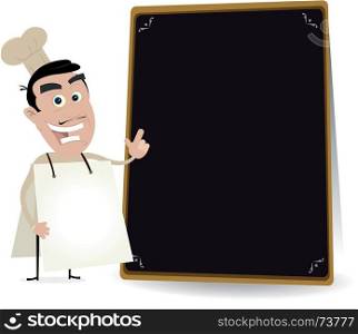 Chef Cook Sandwich Man. Illustration of a chef cook sandwichman showing the restaurant menu on a blackboard