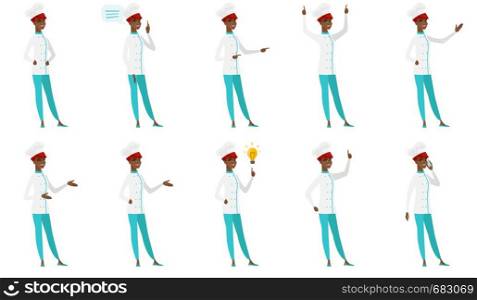 Chef cook with arm out in welcoming gesture. Full length of welcoming young african chef cook. Chef cook doing welcome gesture. Set of vector flat design illustrations isolated on white background.. Vector set of chef-cooker characters.
