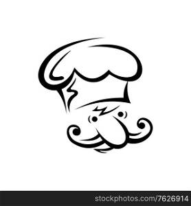 Chef cook with moustache isolated. Vector male portrait, professional baker or waiter in toque hat. Cartoon waiter, chef cook or baker