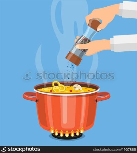 Chef cook with pepper mill and boiling pot. Pan on the fire, a pot of soup, cooking soup. Vector illustration in flat style.. Chef cook with pepper mill and boiling pot