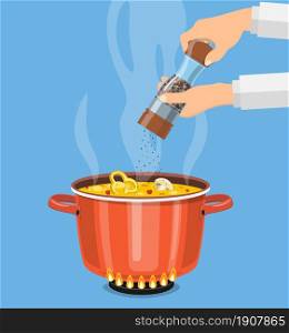 Chef cook with pepper mill and boiling pot. Pan on the fire, a pot of soup, cooking soup. Vector illustration in flat style.. Chef cook with pepper mill and boiling pot
