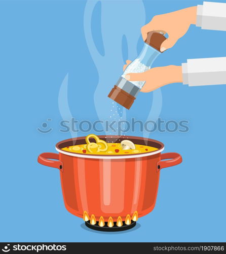 Chef cook with salt mill and boiling pot. Pan on the fire, a pot of soup, cooking soup. Vector illustration in flat style.. Chef cook with pepper mill and boiling pot