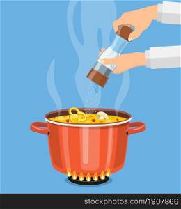 Chef cook with salt mill and boiling pot. Pan on the fire, a pot of soup, cooking soup. Vector illustration in flat style.. Chef cook with pepper mill and boiling pot