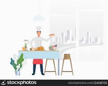 Chef cooking dinner at kitchen table and holding cake. Meal, restaurant, dinner concept. Vector illustration can be used for topics like food, cuisine, cooking