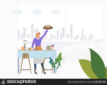 Chef cooking dinner at kitchen table and holding pie. Meal, restaurant, dinner concept. Vector illustration can be used for topics like food, cuisine, cooking