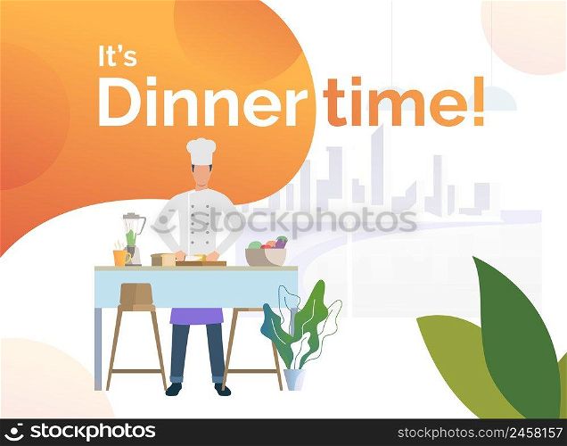 Chef cooking dinner in kitchen and cutting bread. Meal, restaurant, dinner concept. Poster or landing template. Vector illustration for topics like food, cuisine, cooking