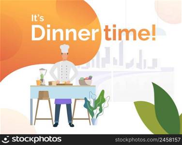Chef cooking dinner in kitchen and cutting bread. Meal, restaurant, dinner concept. Poster or landing template. Vector illustration for topics like food, cuisine, cooking