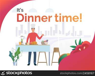 Chef cooking dinner in kitchen and showing thumb up. Meal, restaurant, dinner concept. Poster or landing template. Vector illustration for topics like food, cuisine, cooking