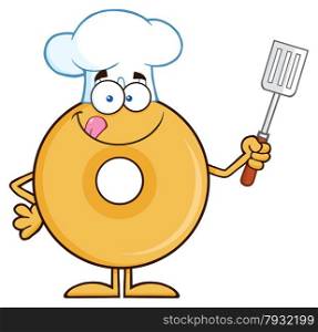 Chef Donut Cartoon Character Holding A Slotted Spatula