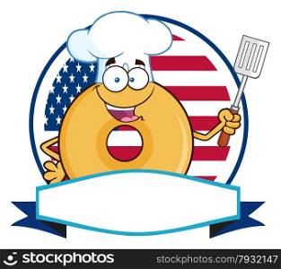 Chef Donut Cartoon Character Over A Circle Blank Banner In Front Of Flag Of USA
