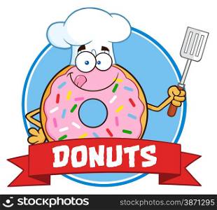 Chef Donut Cartoon Character With Sprinkles Circle Label With Text