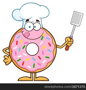 Chef Donut Cartoon Character With Sprinkles Holding A Slotted Spatula