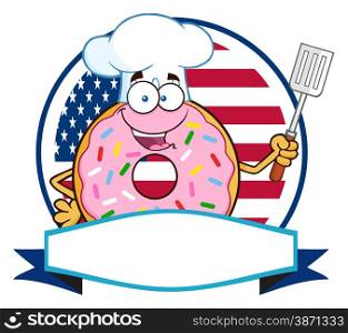 Chef Donut Cartoon Character With Sprinkles Over A Circle Blank Label In Front Of Flag Of USA
