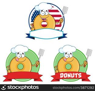 Chef Donut Cartoon Characters Circle Labels. Collection Set Isolated On White
