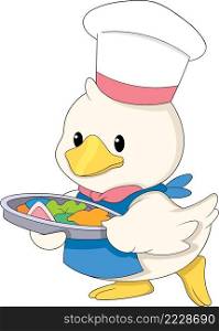 Chef duck is walking carrying food to be served, funny cartoon character
