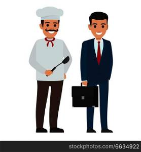 Chef food in uniform and manager in business suit. Whiskered person holds dark ladle and businessman with briefcase vector illustration. Set of Chef Food and Manager. Smiling Persons
