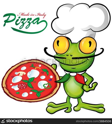 chef frog cartoon with pizza