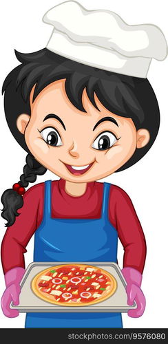 Chef girl cartoon character holding pizza tray vector image