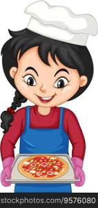 Chef girl cartoon character holding pizza tray vector image