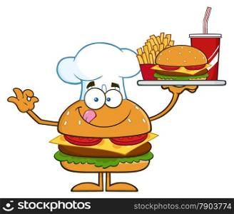 Chef Hamburger Cartoon Character Holding A Platter With Burger, French Fries And A Soda