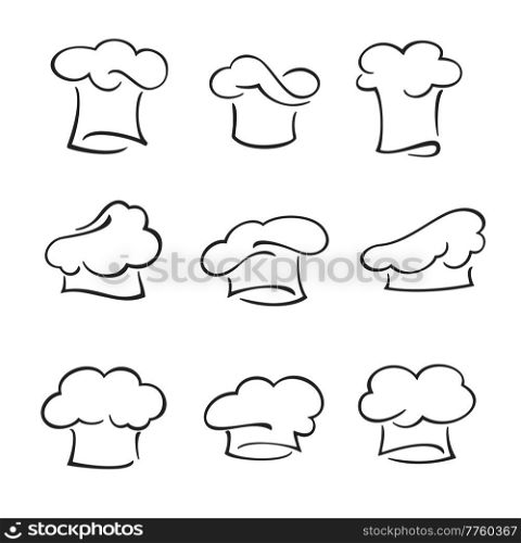 Chef hat and toque, cook and baker isolated vector caps. Bakery or restaurant kitchen uniform. Outline white cotton hats of french or italian restaurant chef, professional cloth. Chef hat and toque, cook or baker isolated caps