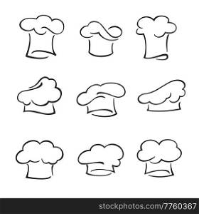 Chef hat and toque, cook and baker isolated vector caps. Bakery or restaurant kitchen uniform. Outline white cotton hats of french or italian restaurant chef, professional cloth. Chef hat and toque, cook or baker isolated caps