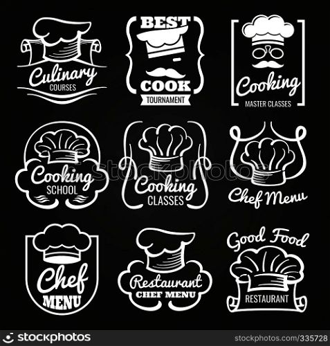 Chef hat emblem - cafe, restaurant or bakery logos on chalkboard. Chef logo emblem for restaurant and cooking school. Vector illustration. Chef hat emblem - cafe, restaurant or bakery logos on chalkboard