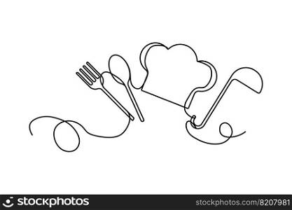 Chef hat fork line. Vector illustration. Stock picture. EPS 10.