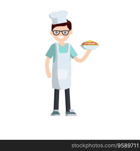 Chef in white apron and cap with plate of food. Work in cafes and restaurant. Kind of profession. The man cooked meal on dish. Cartoon flat illustration. Chef in white apron and cap with plate of food.