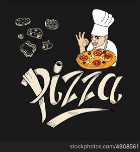 Chef Italian cuisine and pizza drawn with chalk on the black Board. Logo, label pizza. The design elements drawn pizza ingredients.