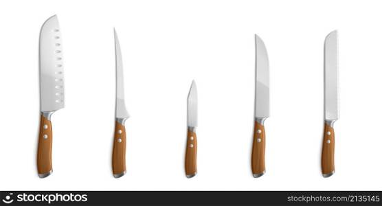 Chef knives for cooking, cutting and carving food. Kitchen tools with steel sharp blades and wooden handles. Vector realistic set of 3d metal knives different types isolated on white background. Chef knives, kitchen tools with steel blades