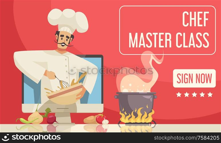 Chef master class poster with cooking workshop symbols flat vector illustration. Chef Master Class Poster