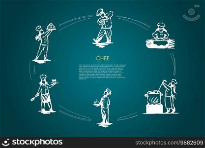 Chef - men and women in special uniform cooking, serving and presenting food vector concept set. Hand drawn sketch isolated illustration. Chef - men and women in special uniform cooking, serving and presenting food vector concept set