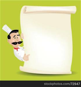 Chef Menu Holding A Parchment Menu. Illustration of a cartoon white cook man holding A parchment menu. Put your best menu inside !