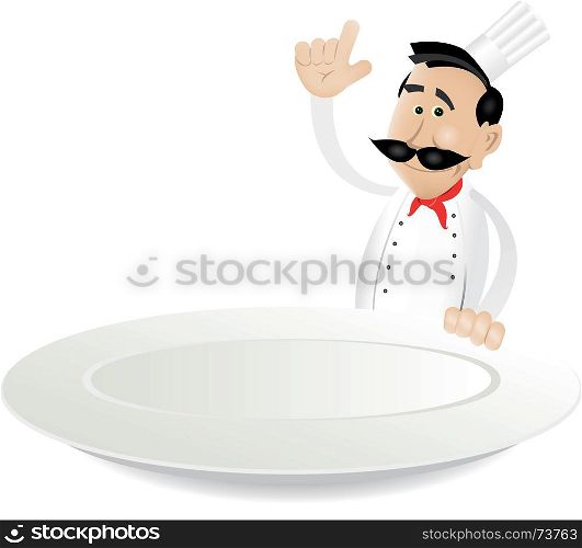 Chef Menu Holding Dish. Illustration of a cartoon white cook man holding A Dish plate