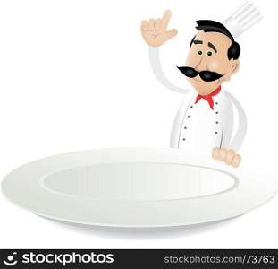 Chef Menu Holding Dish. Illustration of a cartoon white cook man holding A Dish plate