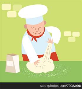Chef of the restaurant in the kitchen kneads dough. Cook in a candy store. Chef restaurant kitchen kneads dough. Cook