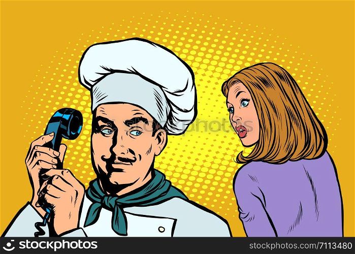 chef on the phone, a woman client listens. Pop art retro vector illustration drawing. chef on the phone, a woman client listens