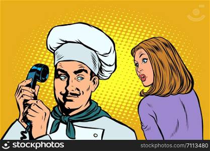chef on the phone, a woman client listens. Pop art retro vector illustration drawing. chef on the phone, a woman client listens