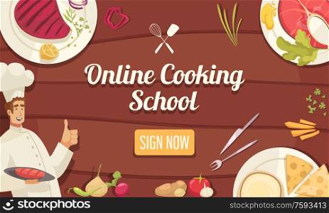 Chef online school poster with cooking workshop symbols flat vector illustration. Chef School Poster
