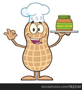 Chef Peanut Cartoon Character Holding A Jar Of Peanut Butter