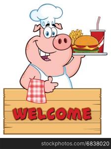 Chef Pig Cartoon Mascot Character Holding A Tray Of Fast Food Over A Wooden Sign Giving A Thumb Up. Illustration Isolated On White Background With Text Welcome