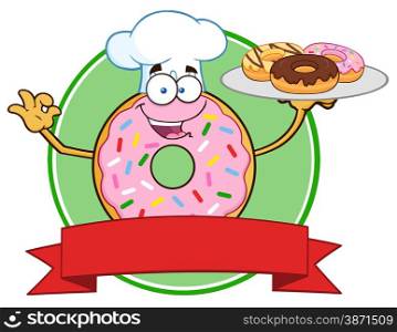 Chef Pink Donut Cartoon Character Serving Donuts Circle Label