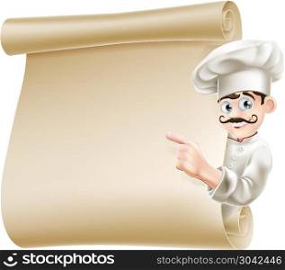 Chef pointing at menu. Illustration of a happy cartoon chef pointing at menu. Chef pointing at menu