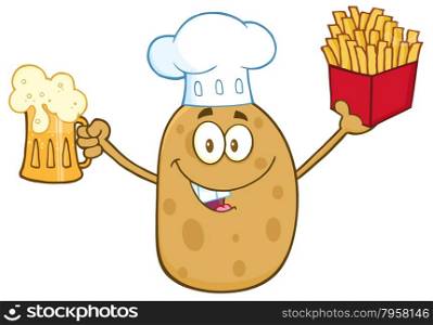 Chef Potato Character Holding Fries And Holding A Beer