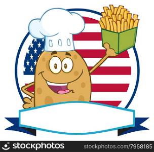 Chef Potato Character Over A Circle Blank Banner In Front Of Flag Of USA