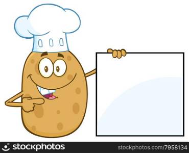 Chef Potato Character Pointing To A Blank Sign
