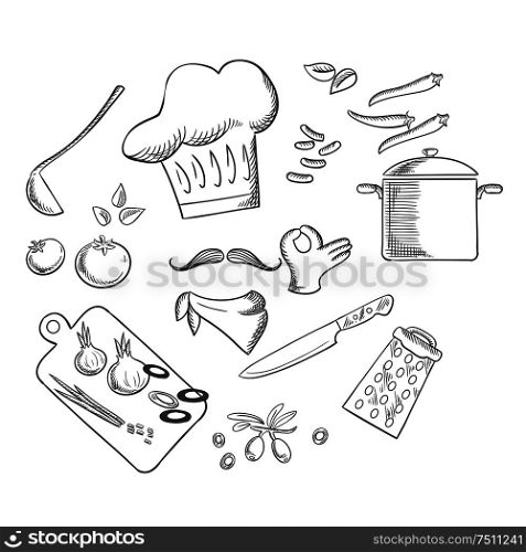 Chef preparing vegetarian salad with tomato, onion and pepper, carrot and olives vegetables. Vector sketch illustration. Chef preparing vegetarian salad, sketch icons