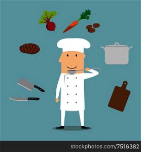 Chef profession concept with cook in white uniform and toque surrounded by tomato and onion, carrot and knife, saucepan with ladle, meat steak and spatula. Chef profession, utensil and vegetables